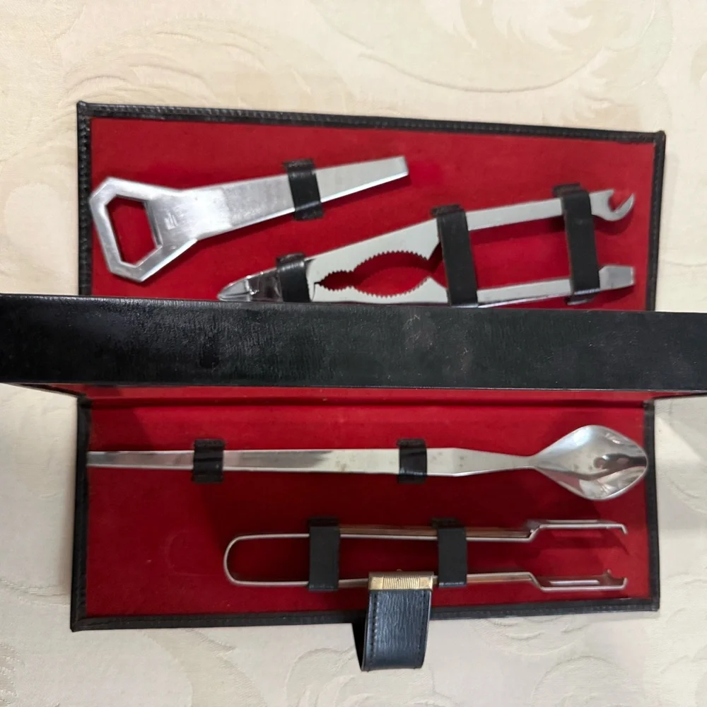Vintage Mid Century Stainless Steel Cocktail Bar Tool Set Wood Handle MCM‎